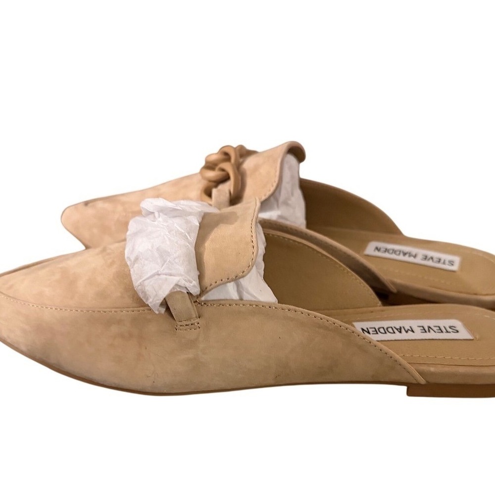 Steve Madden Forte Tan Suede Chain Link Mules Women 8.5 Pointed Toe Flat Loafers - Picture 3 of 11